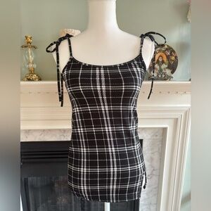 Stylish Black and White Plaid Dress with Tie Straps